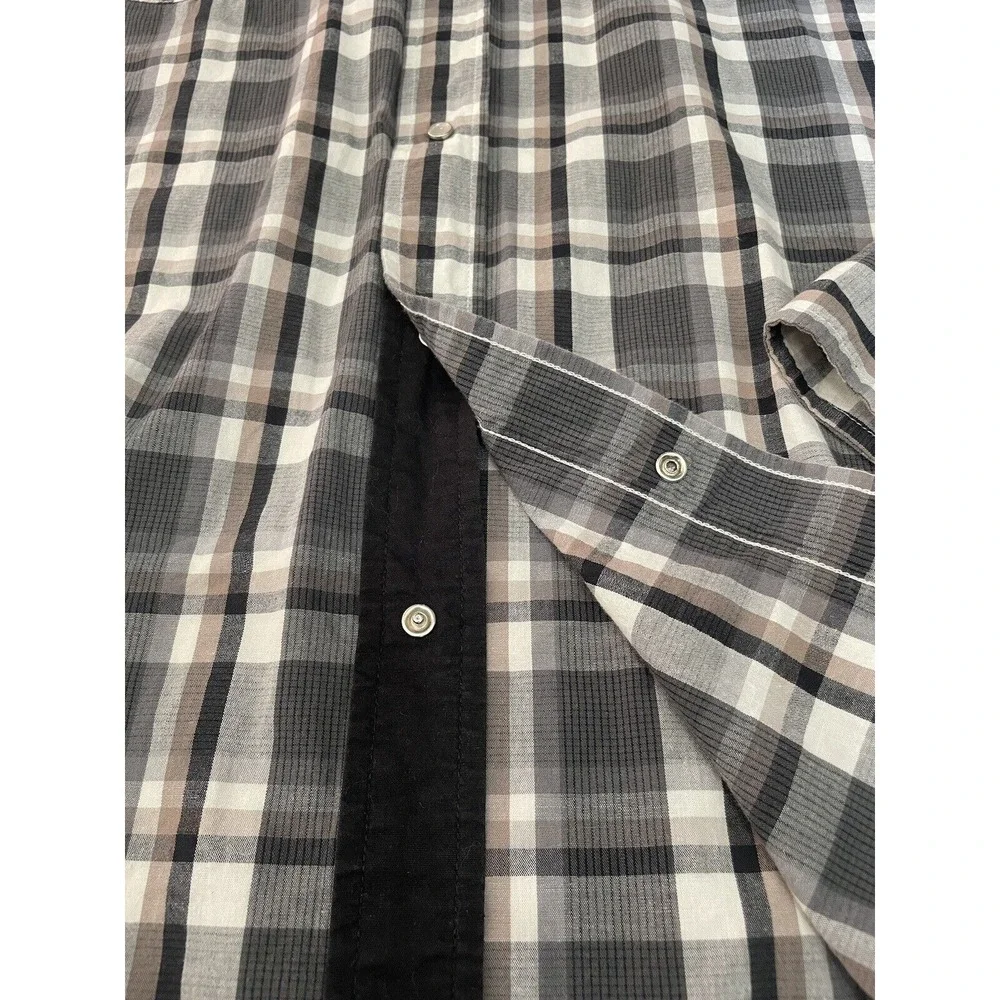 Levis Men L Western Pearl Snap Button up  Shirt Plaid Cotton Piping‎ CowBoy Gray